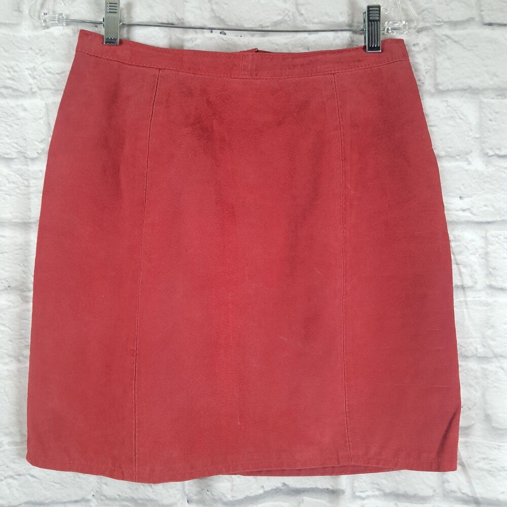 Vintage 80s Phoenix USA Red Split Suede Leather Womens Small Mini Aline Skirt
